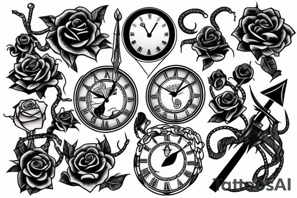 Clock, sword, snake and rose tattoo idea