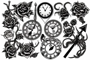 Clock, sword, snake and rose tattoo idea