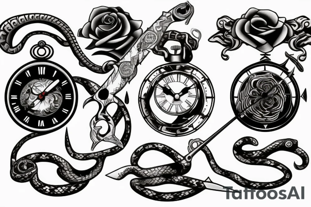 Clock, sword, snake and rose tattoo idea