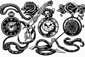 Clock, sword, snake and rose tattoo idea