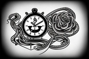 Clock, sword, snake and rose tattoo idea