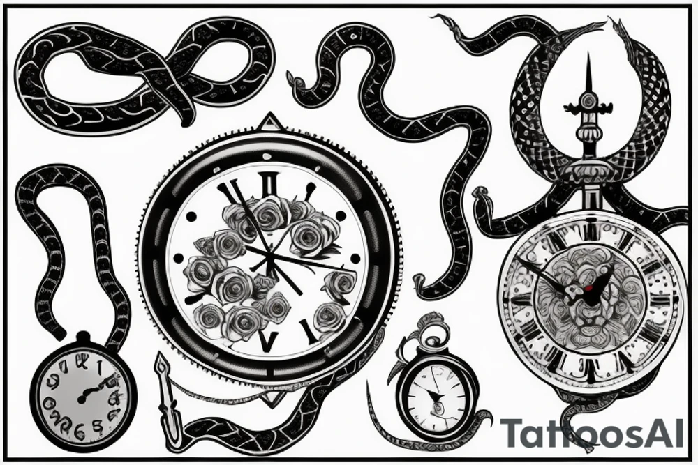 Clock, sword, snake and rose tattoo idea