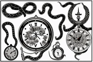Clock, sword, snake and rose tattoo idea