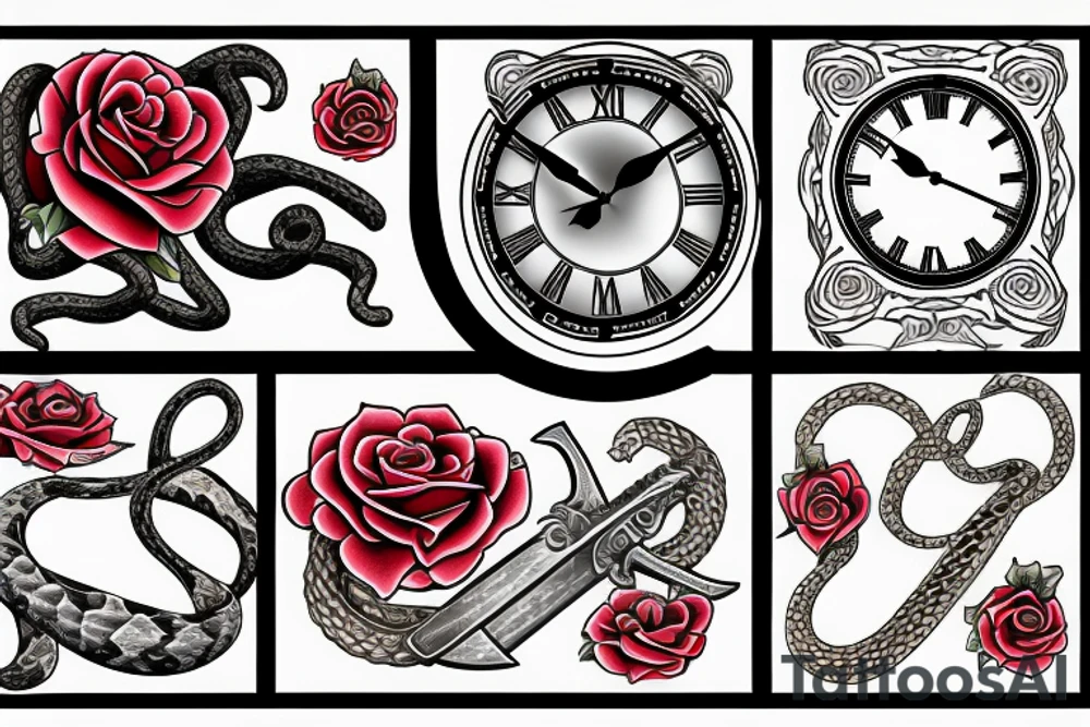 Clock, sword, snake and rose tattoo idea