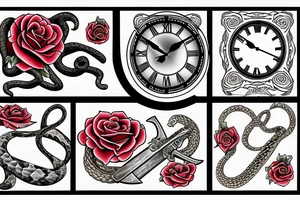 Clock, sword, snake and rose tattoo idea