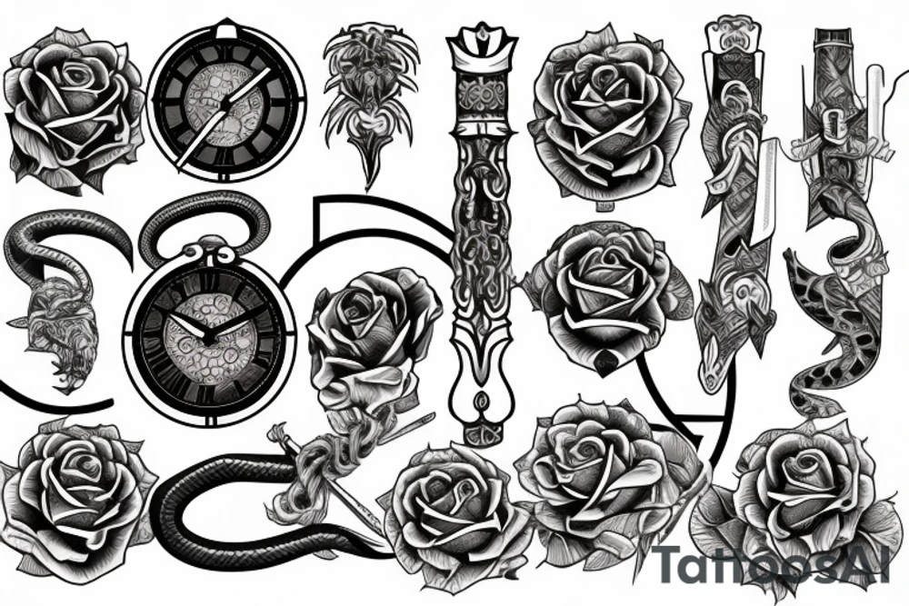 Clock, sword, snake and rose tattoo idea