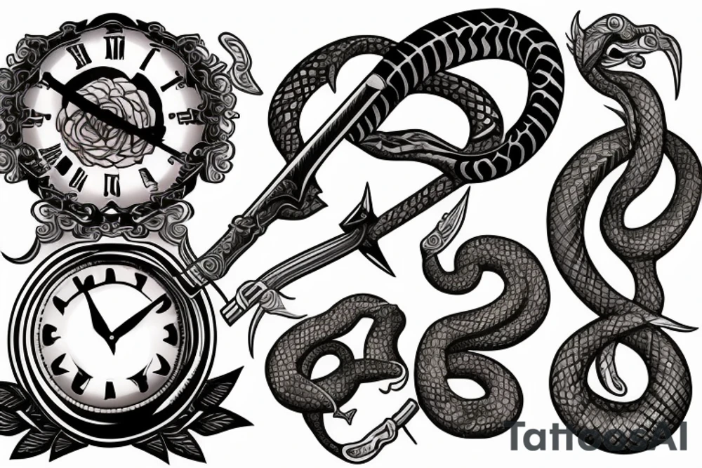 Clock, sword, snake and rose tattoo idea