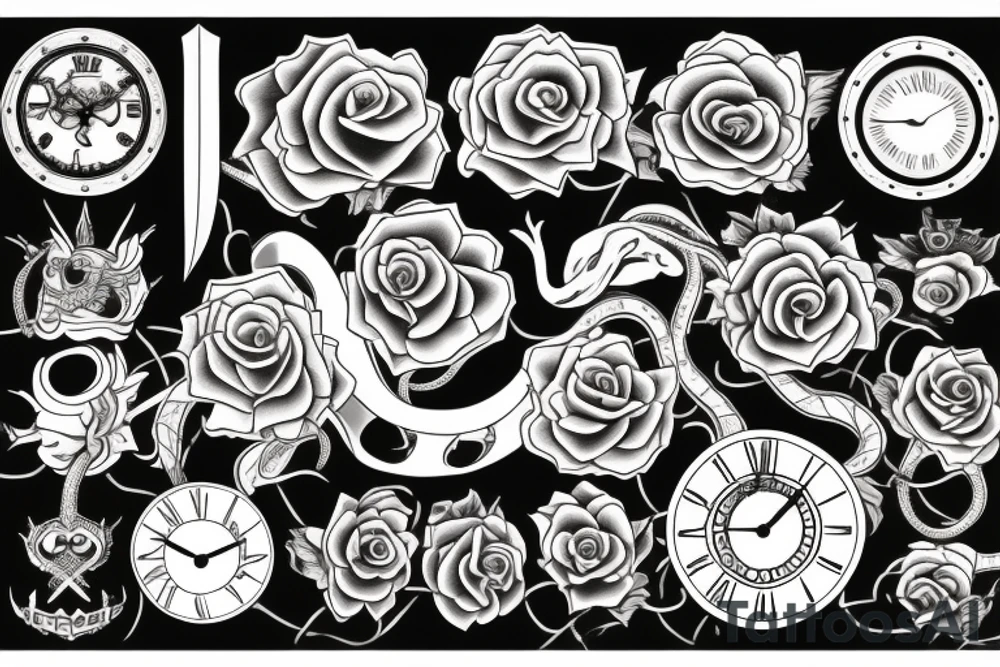 Clock, sword, snake and rose tattoo idea