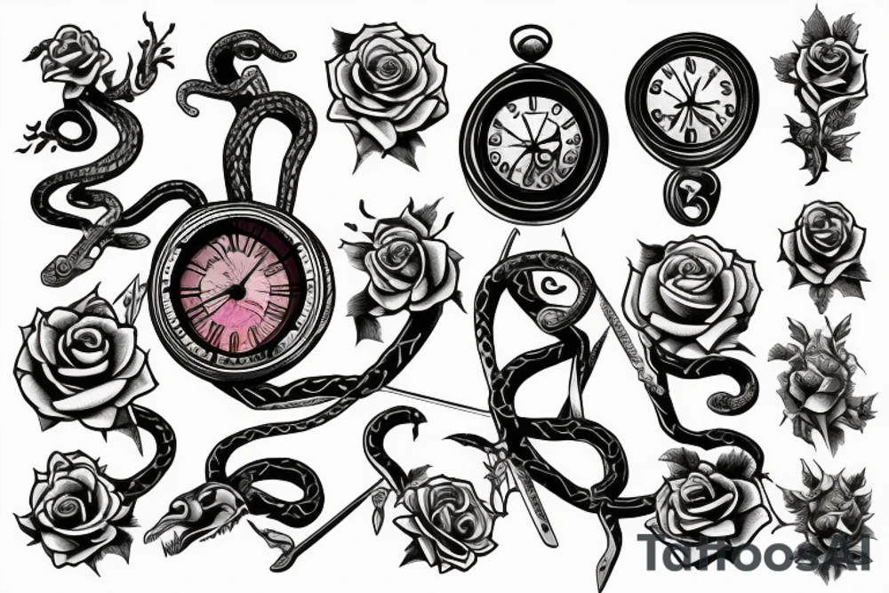 Clock, sword, snake and rose tattoo idea