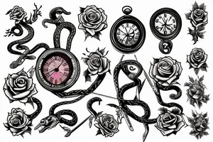 Clock, sword, snake and rose tattoo idea