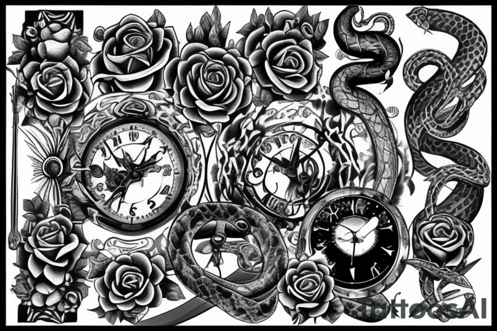 Clock, sword, snake and rose tattoo idea
