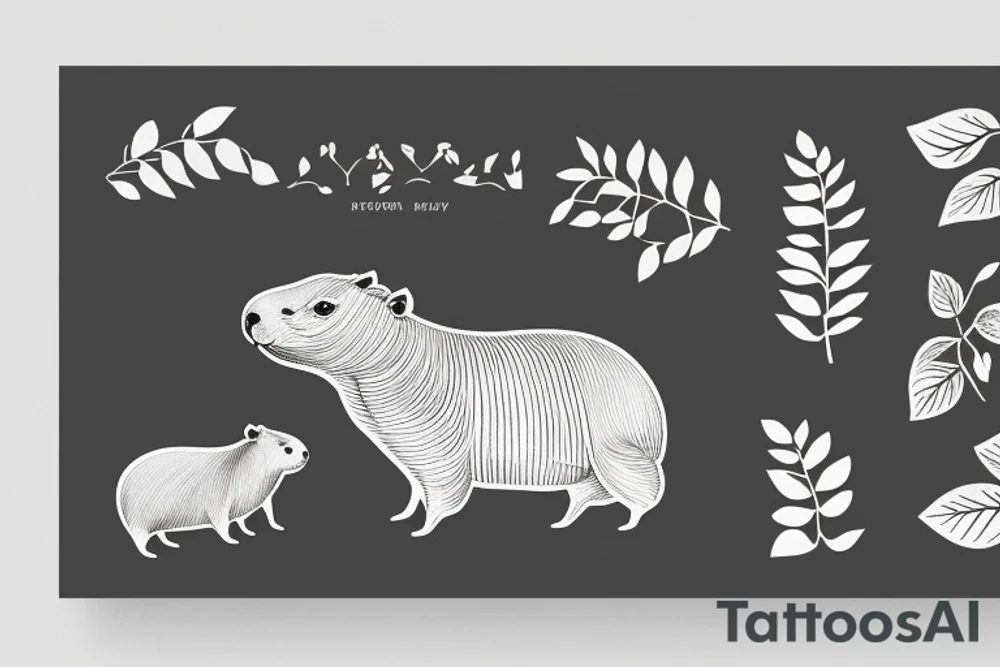Capybara in profile, full height, minimalist style, with the addition of leaves and flowers tattoo idea