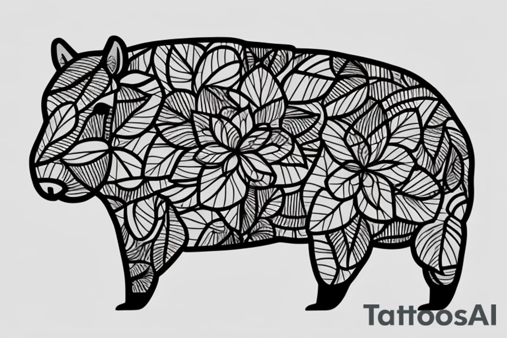 Capybara in profile, full height, minimalist style, with the addition of leaves and flowers tattoo idea