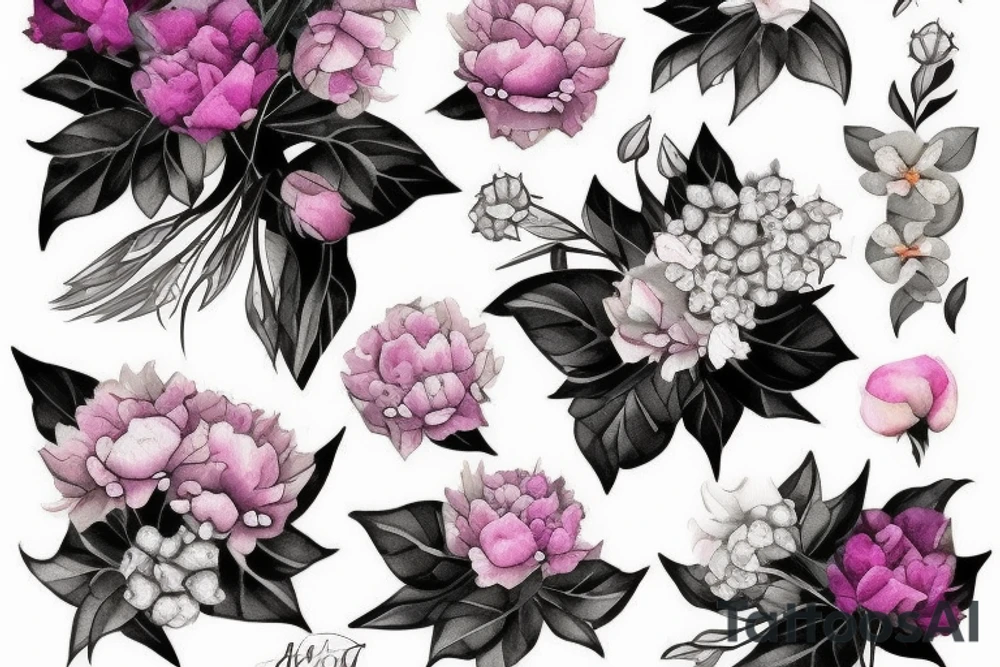 Bouquet with peonies and hydrangeas tattoo idea