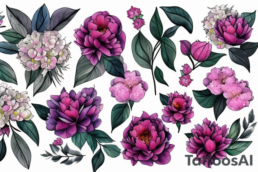 Bouquet with peonies and hydrangeas tattoo idea