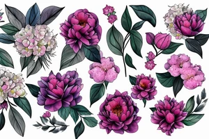 Bouquet with peonies and hydrangeas tattoo idea