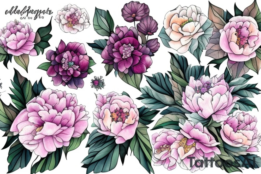 Bouquet with peonies and hydrangeas tattoo idea
