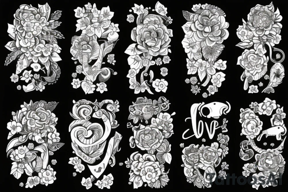 The word love in different languages with florals and elephant tattoo idea