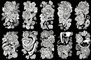 The word love in different languages with florals and elephant tattoo idea