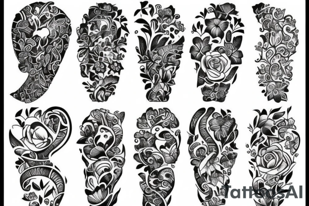 The word love in different languages with florals and elephant tattoo idea