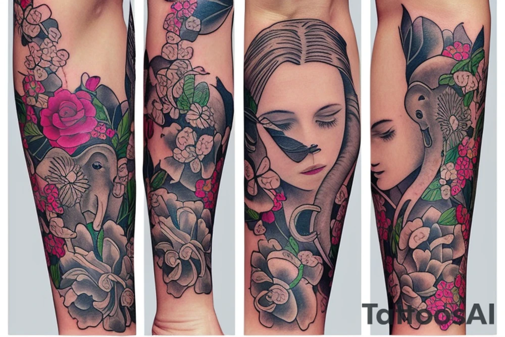 The word love in different languages with florals and elephant tattoo idea