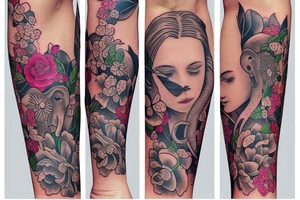 The word love in different languages with florals and elephant tattoo idea
