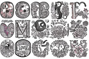The word love in different languages with florals and elephant tattoo idea