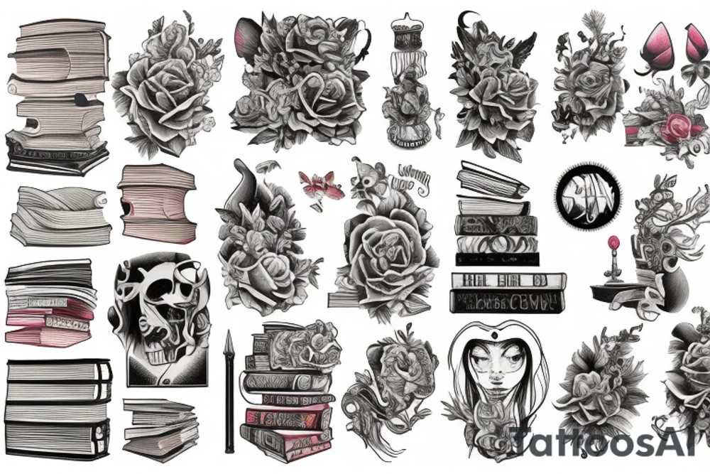Sleeve tattoo with stack of books tattoo idea