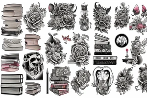 Sleeve tattoo with stack of books tattoo idea