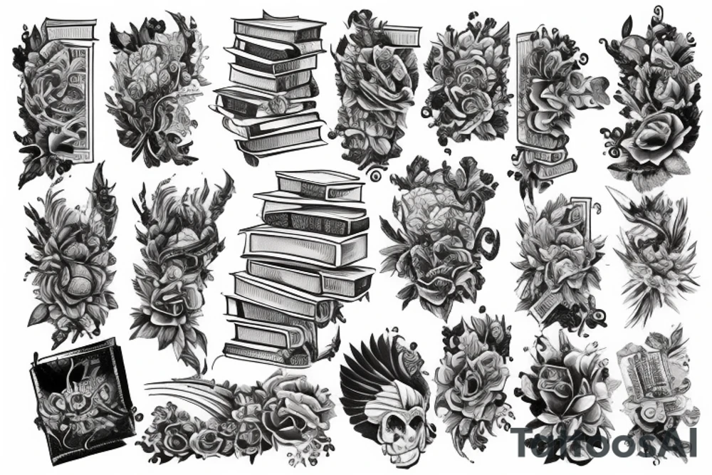Sleeve tattoo with stack of books tattoo idea