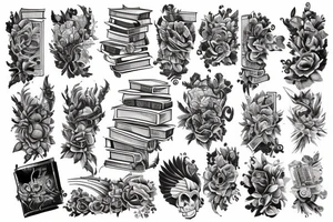 Sleeve tattoo with stack of books tattoo idea