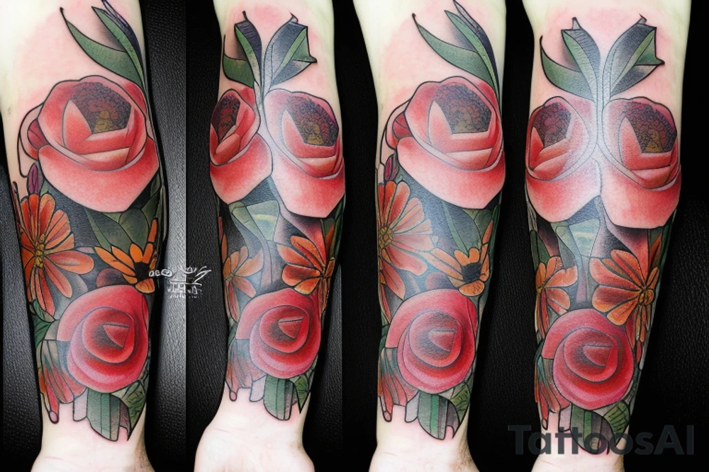 Stack of Books and flowers tattoo idea