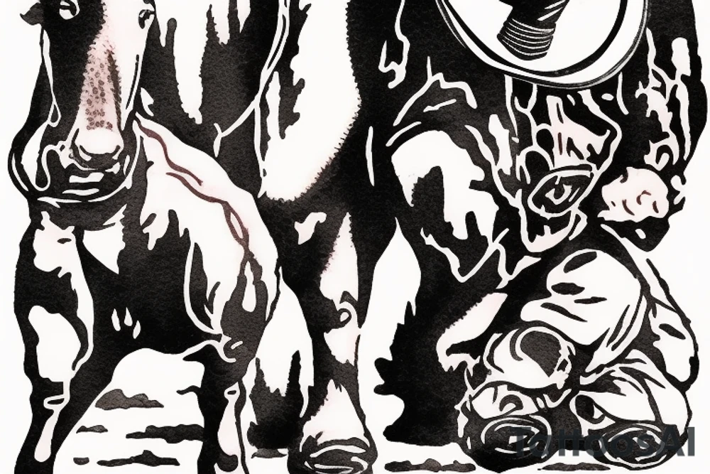 Cowboy looking down and to the right at a baby calf with iron fence background tattoo idea