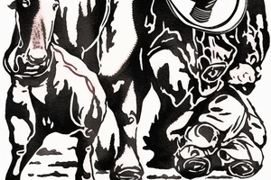Cowboy looking down and to the right at a baby calf with iron fence background tattoo idea