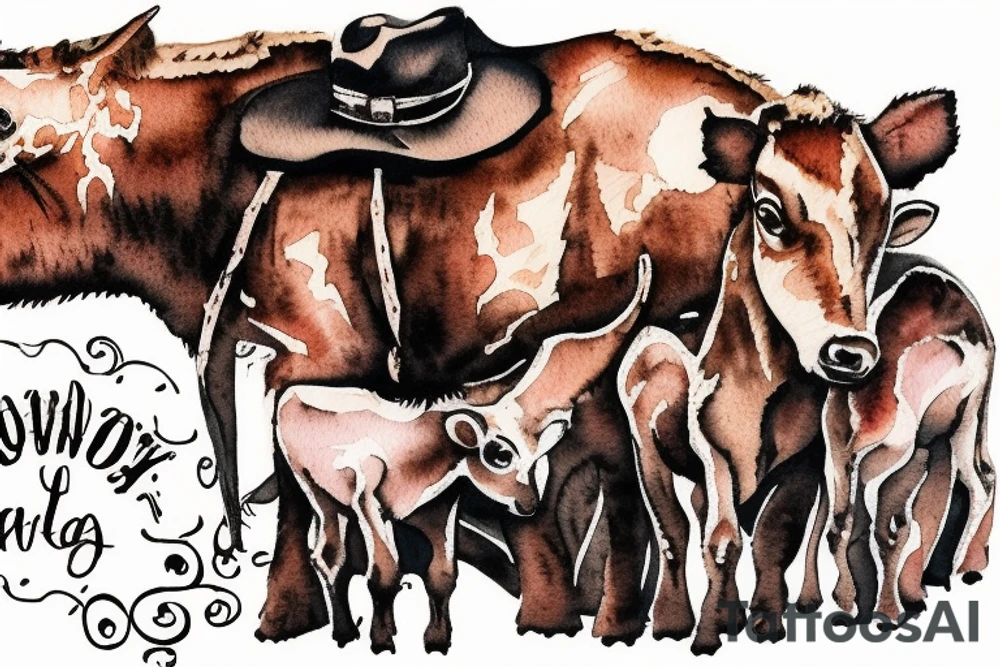 Cowboy looking down and to the right at a baby calf with iron fence background tattoo idea