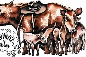 Cowboy looking down and to the right at a baby calf with iron fence background tattoo idea