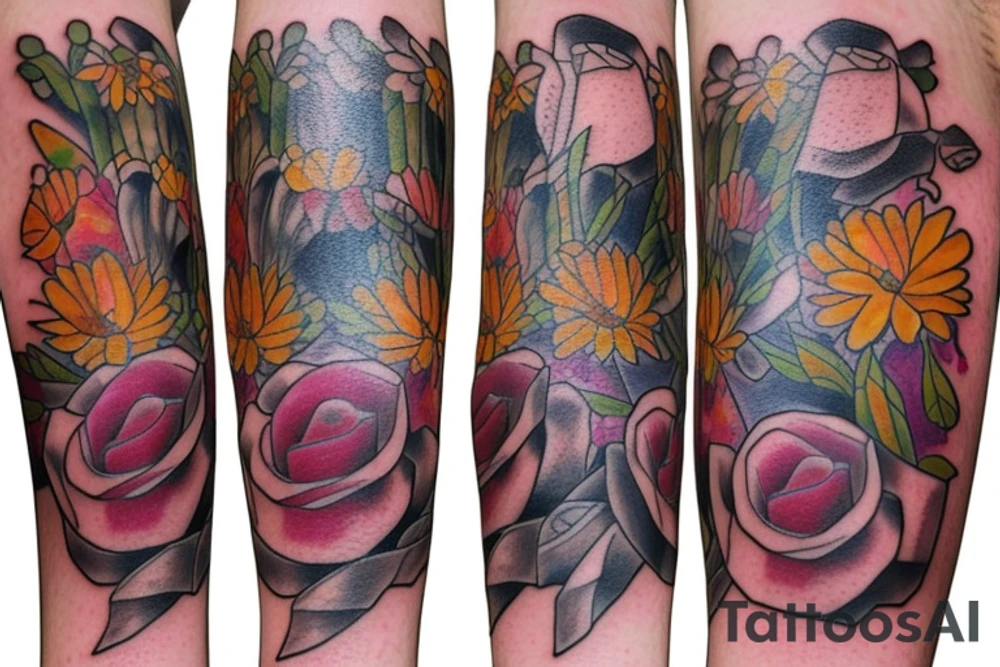 Tower of Books and flowers tattoo idea