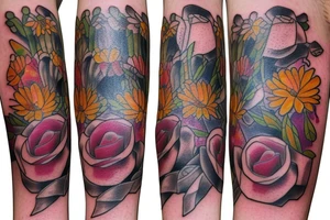 Tower of Books and flowers tattoo idea
