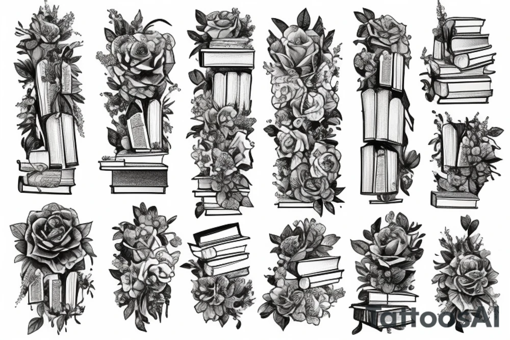 Tower of Books and flowers tattoo idea