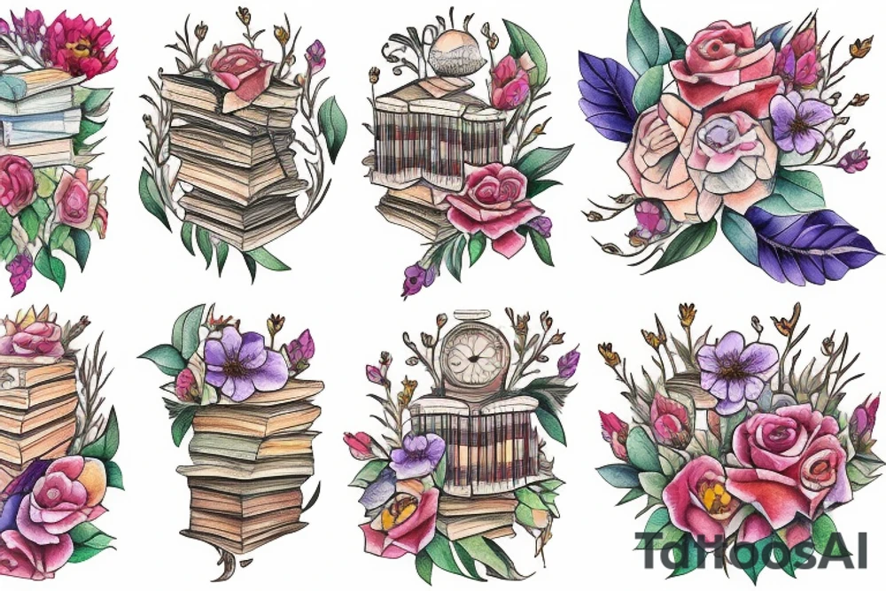 Tower of Books and flowers tattoo idea