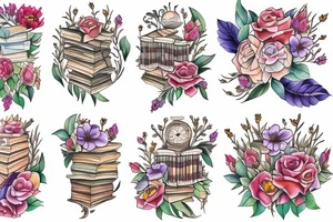 Tower of Books and flowers tattoo idea