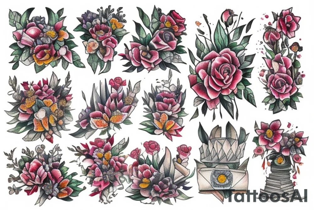 Tower of Books and flowers tattoo idea