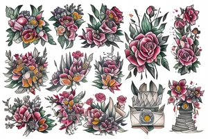 Tower of Books and flowers tattoo idea