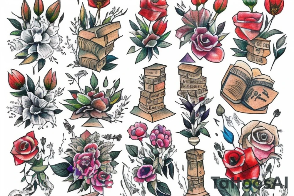 Tower of Books and flowers tattoo idea