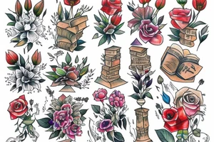 Tower of Books and flowers tattoo idea