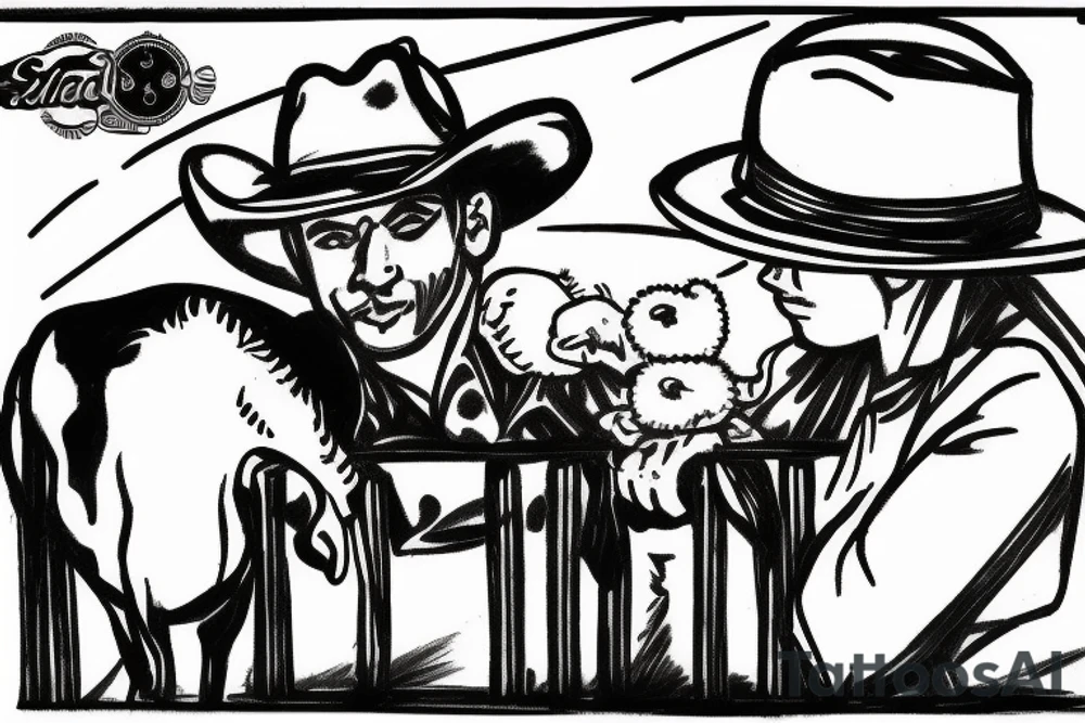 Cowboy looking down at baby calf with iron fence in the background tattoo idea