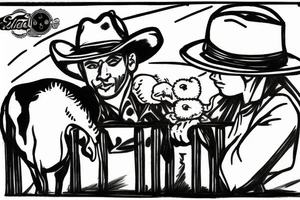 Cowboy looking down at baby calf with iron fence in the background tattoo idea