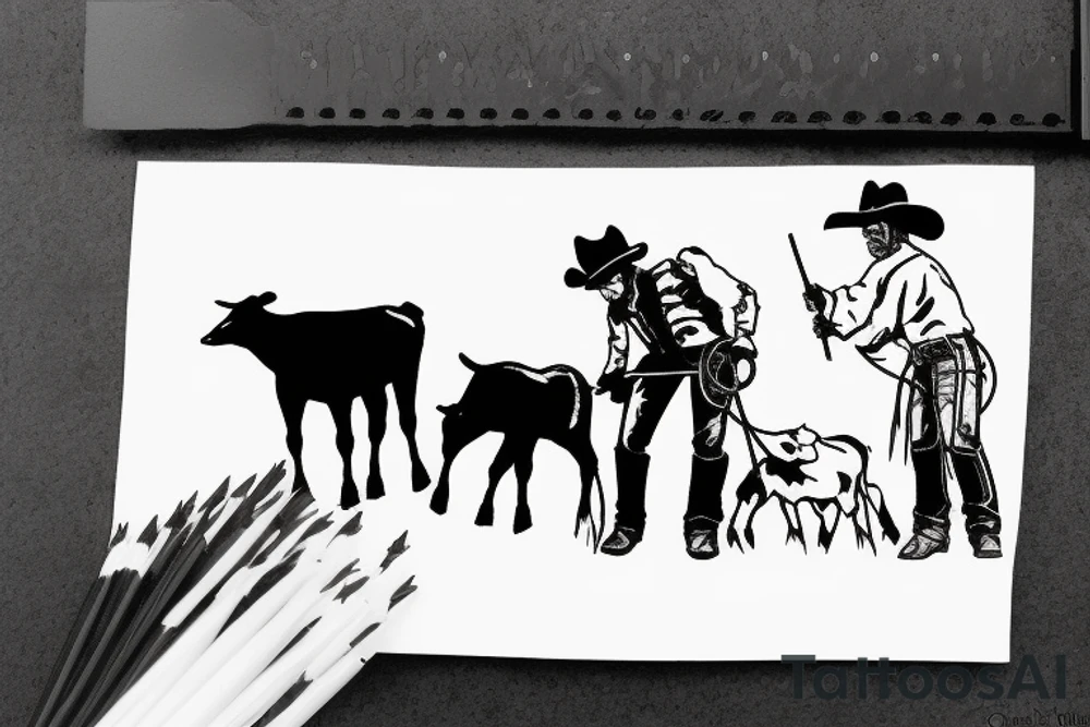 Cowboy looking down at baby calf with iron fence in the background tattoo idea