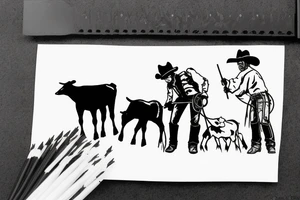 Cowboy looking down at baby calf with iron fence in the background tattoo idea