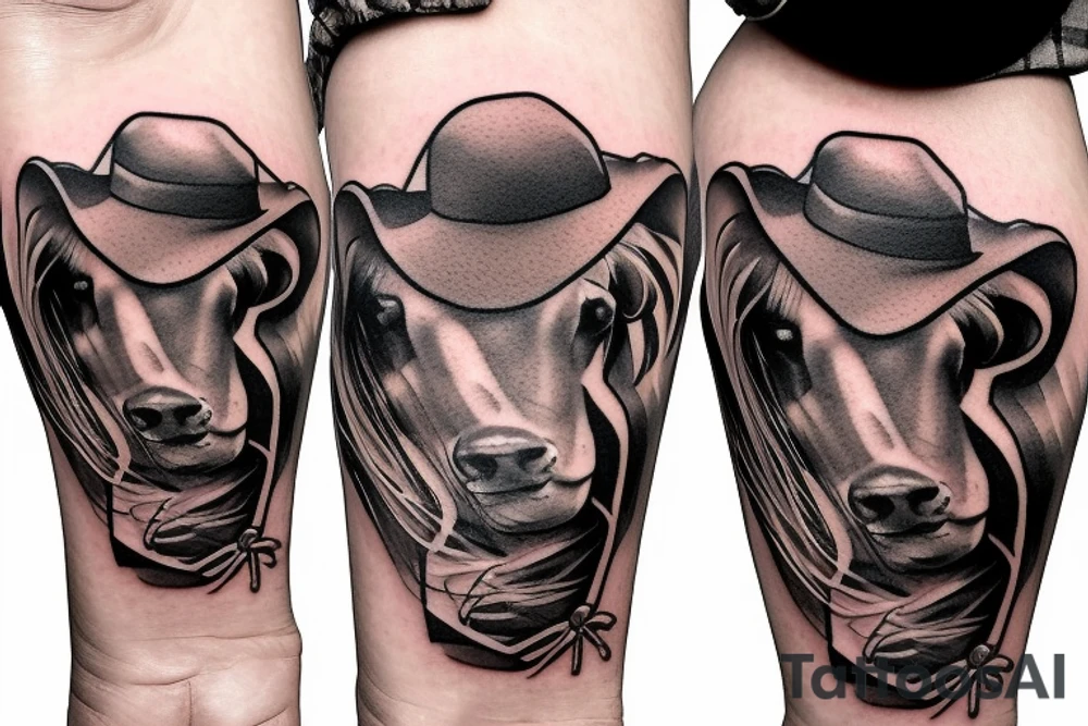Cowboy looking down at baby calf with iron fence in the background tattoo idea